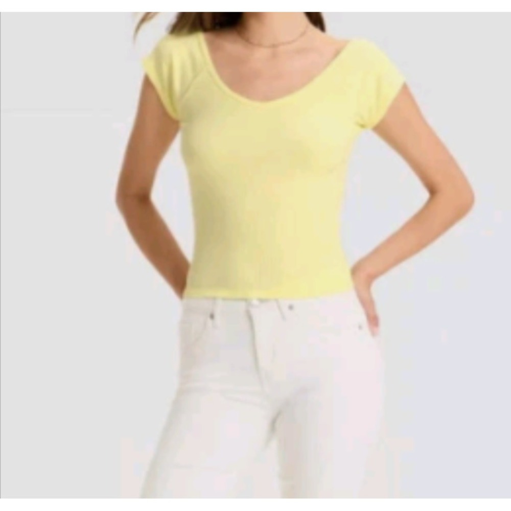 Women's Short Sleeve Double V-Neck Ribbed T-Shirt Wild Fable Lemon Yellow XXL